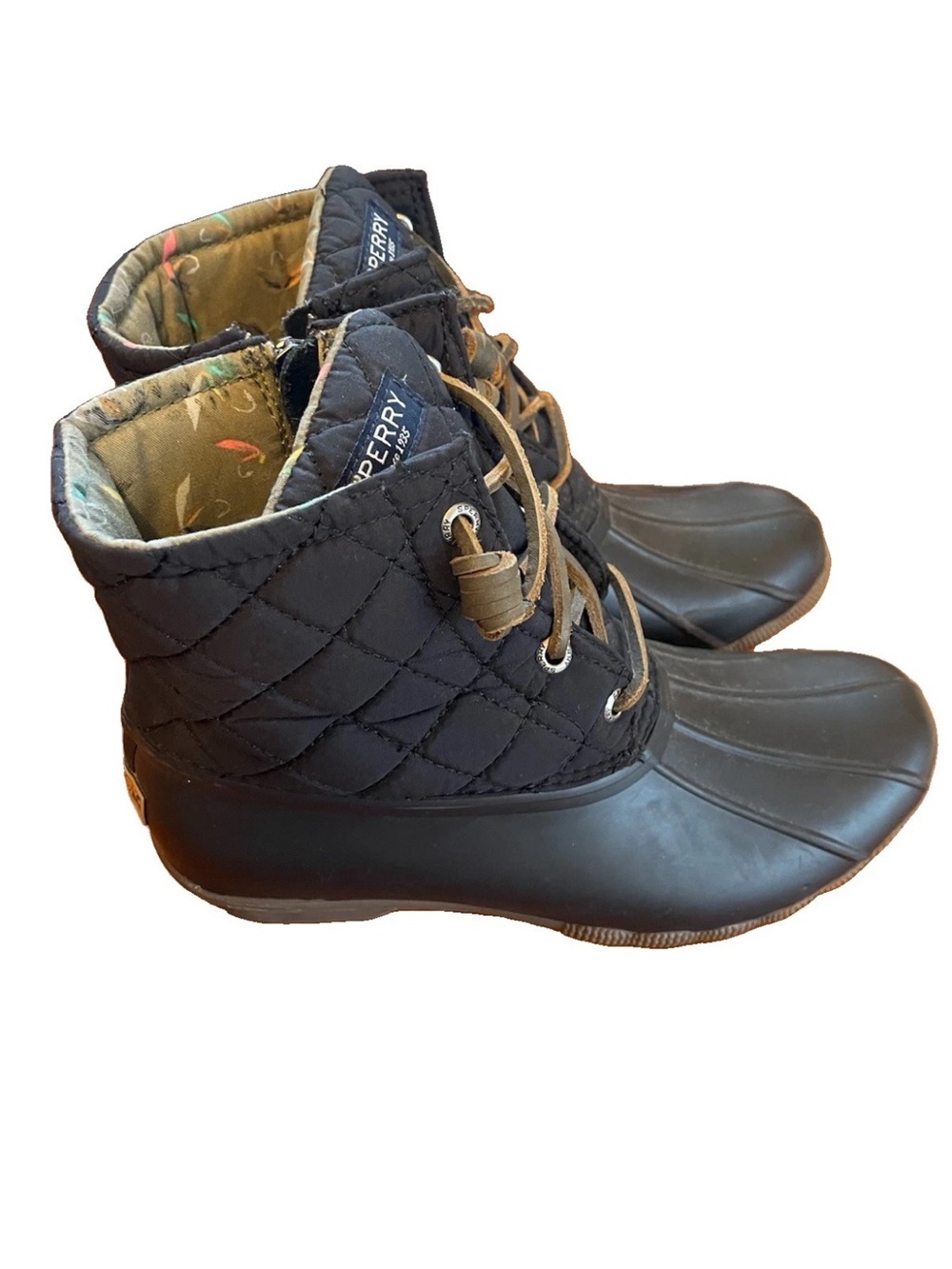 Sperry Women’s Black  Saltwater Quilted Duck Boots US 7 Moss Green Laces